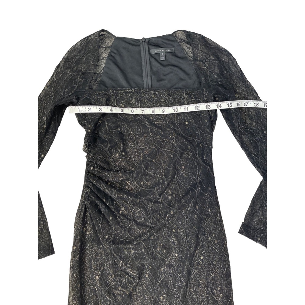 David Meister Illusion Dress Black Gold Metallic Lace Sheer Knee Length Size 2 - Picture 4 of 12